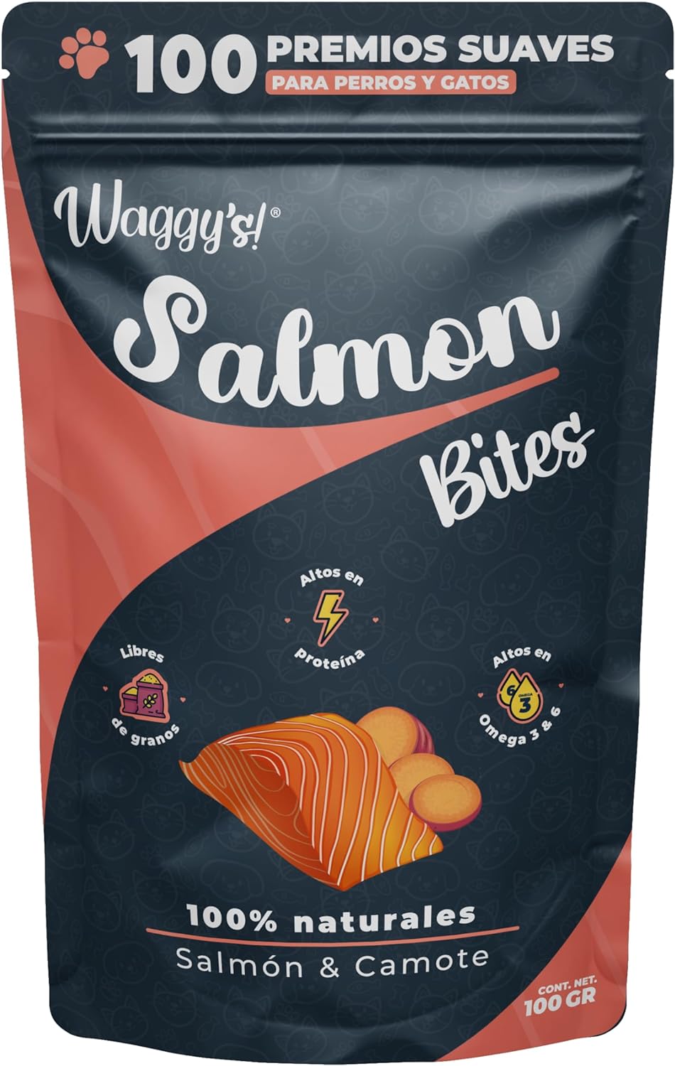 Waggys Salmon Bites para Perros Y Gatos - 100 Premios para Entrenamiento, 100% Naturales
