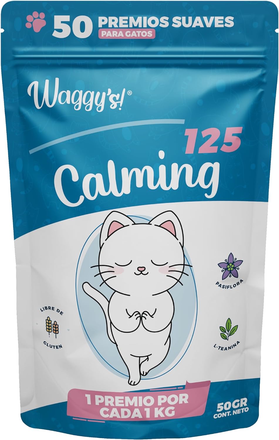 Waggys Premios Calming para Gatos - Apoyo para Relajación, Ansiedad por Separación, Viajes, Fobias y Estrés - Adicionados con L-Teanina, Pasiflora - 50 Premios Suaves.