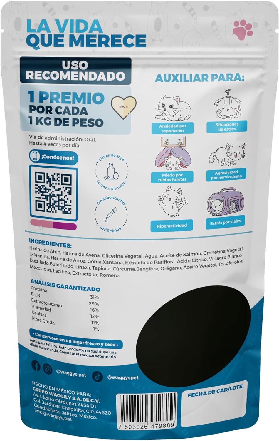 Waggys Premios Calming para Gatos - Apoyo para Relajación, Ansiedad por Separación, Viajes, Fobias y Estrés - Adicionados con L-Teanina, Pasiflora - 50 Premios Suaves.