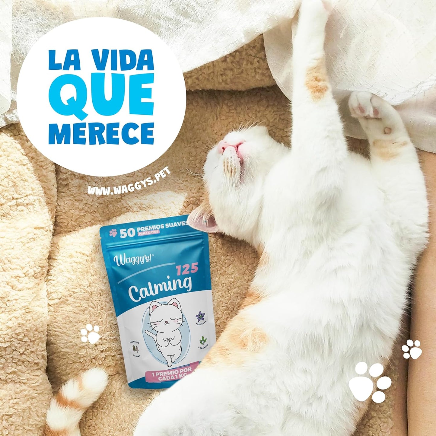Waggys Premios Calming para Gatos - Apoyo para Relajación, Ansiedad por Separación, Viajes, Fobias y Estrés - Adicionados con L-Teanina, Pasiflora - 50 Premios Suaves.