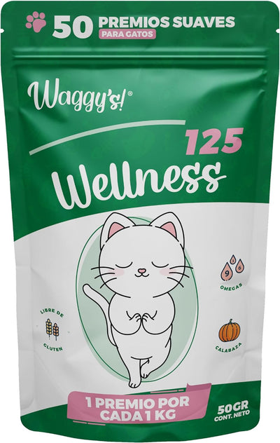 Waggys Premios Wellness para Gatos - Apoyo para Sistema Inmune, Inflamación, Digestión, Piel y Pelo - Adicionados con Omegas y Calabaza - 50 Premios Suaves.